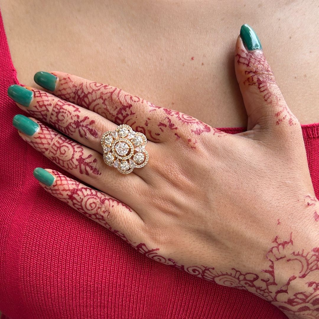 Laida Gold-Plated Handcrafted American Diamond Studded Floral Finger- Ring