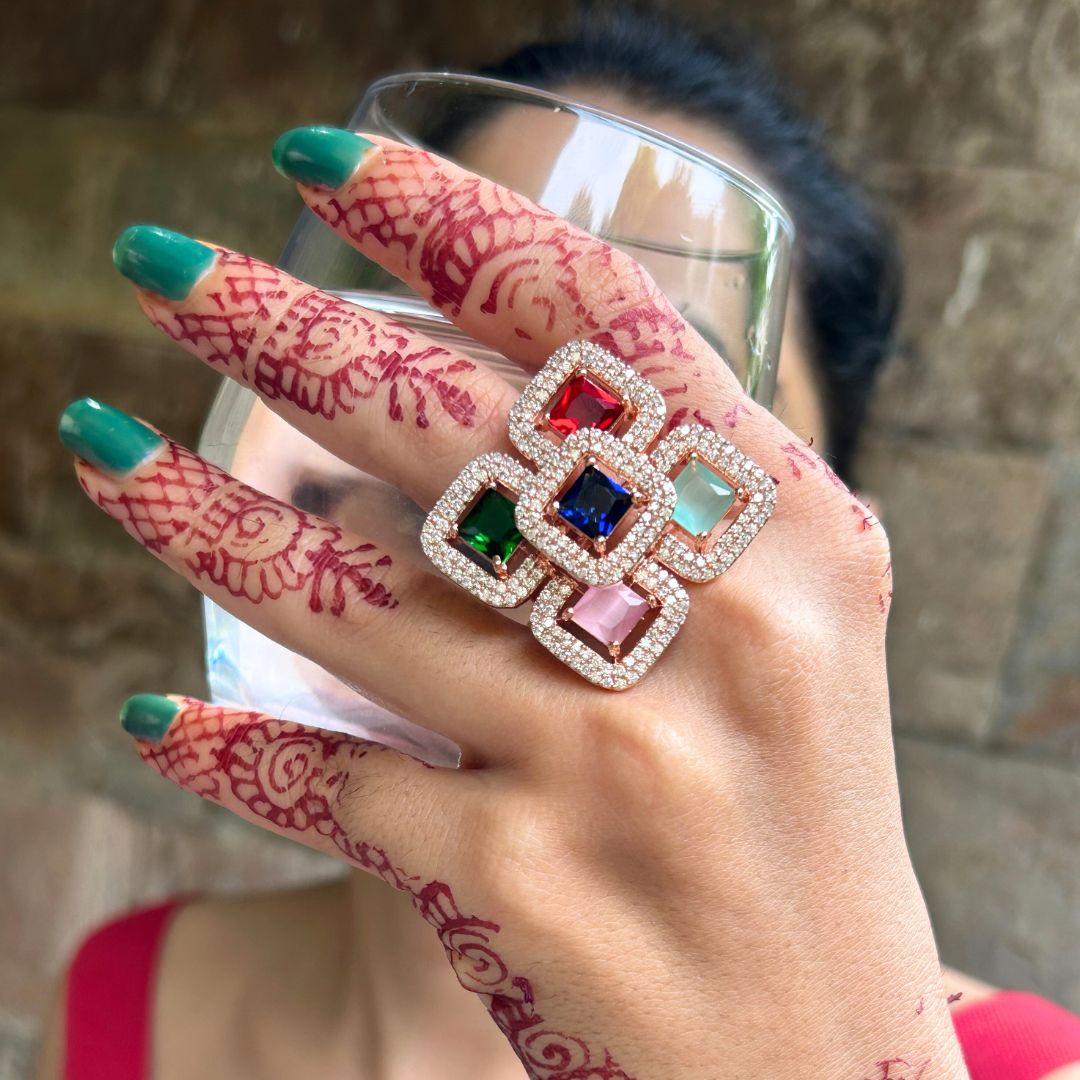 Rose Gold Multi color american Diamond Adjustable Finger- Ring