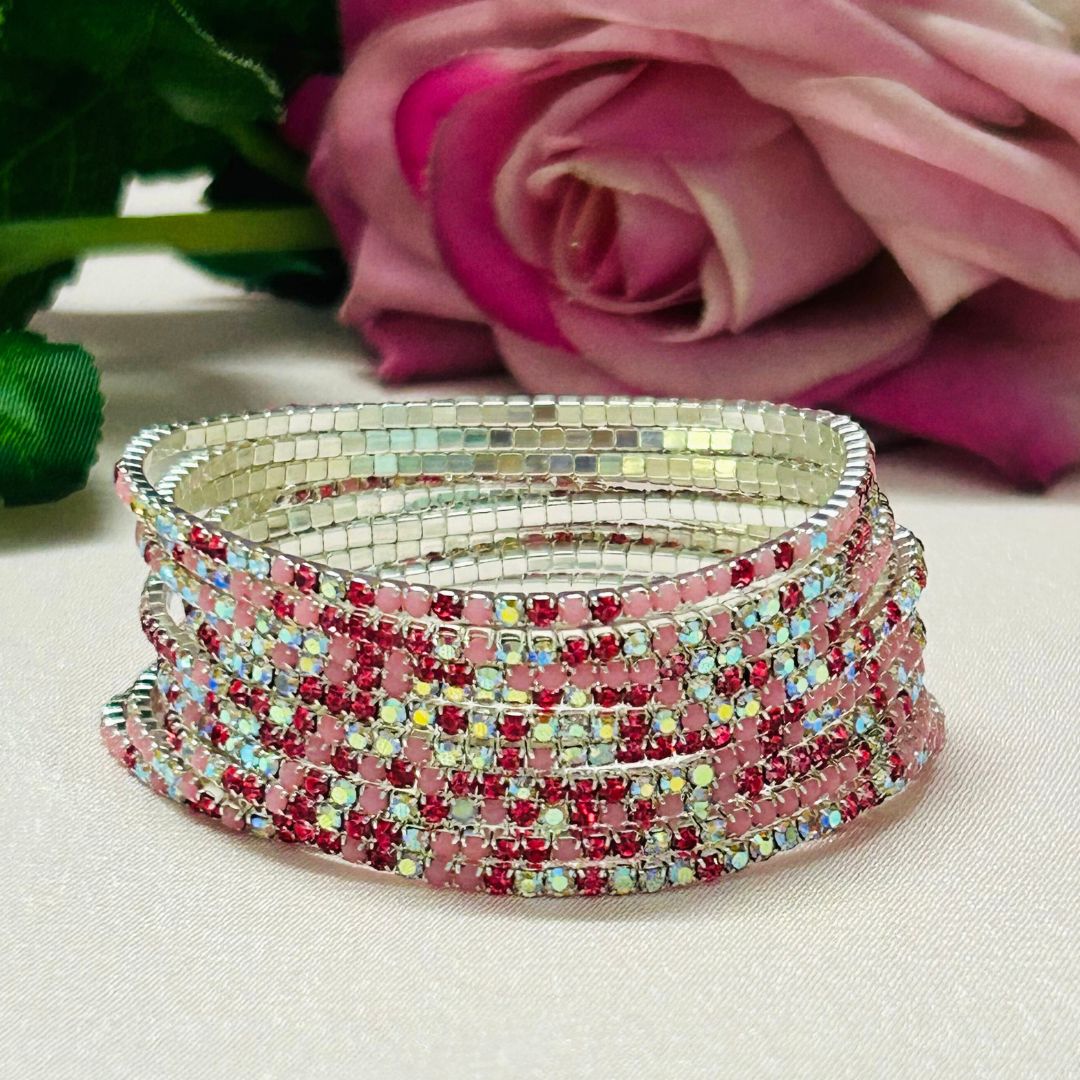 Stretchable Pink Petal Silver Plated Bracelet - Pack of 12
