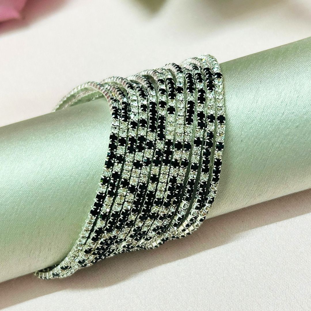 Stretchable Mix Silver And Black Silver Plated Bracelet - Pack of 12