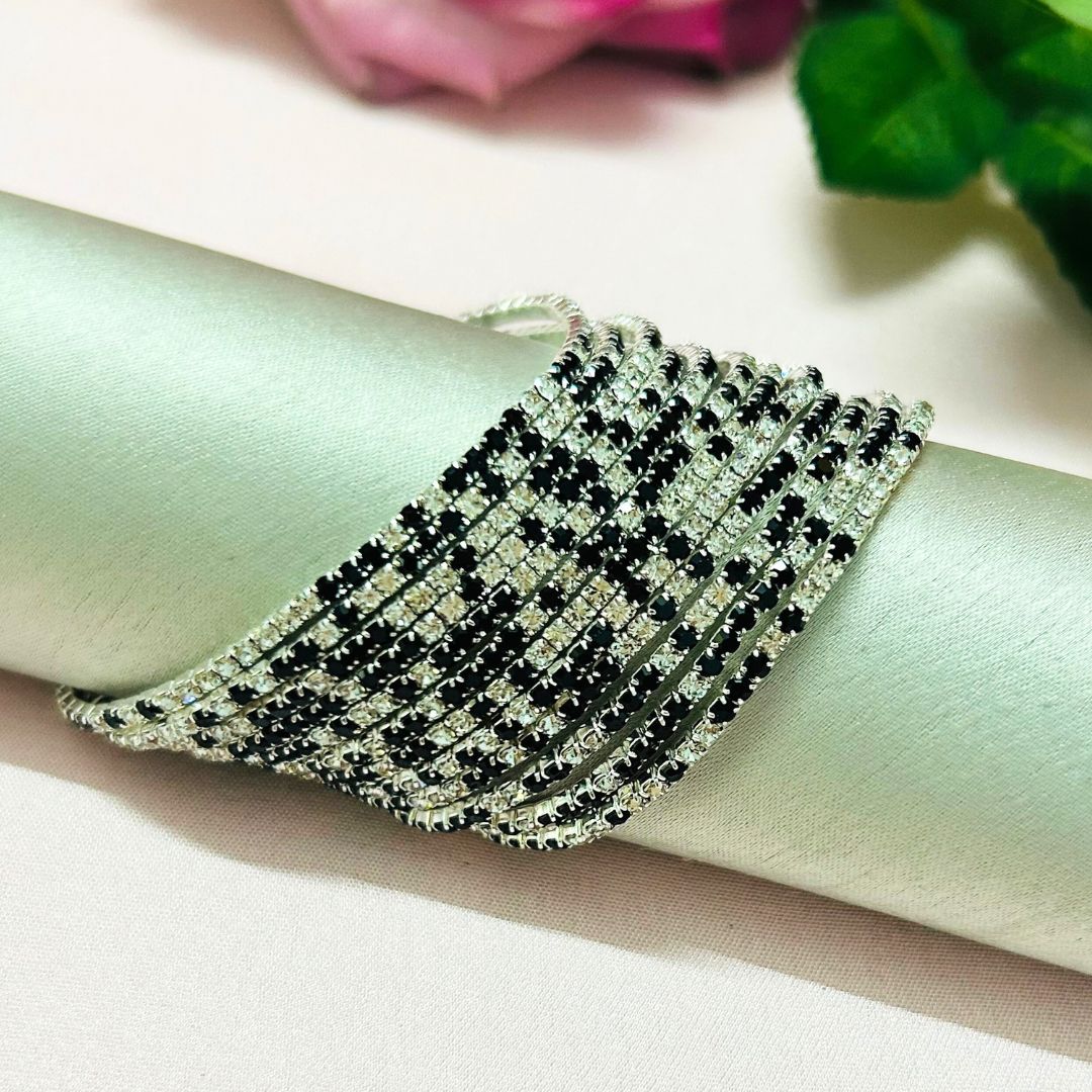 Stretchable Mix Silver And Black Silver Plated Bracelet - Pack of 12