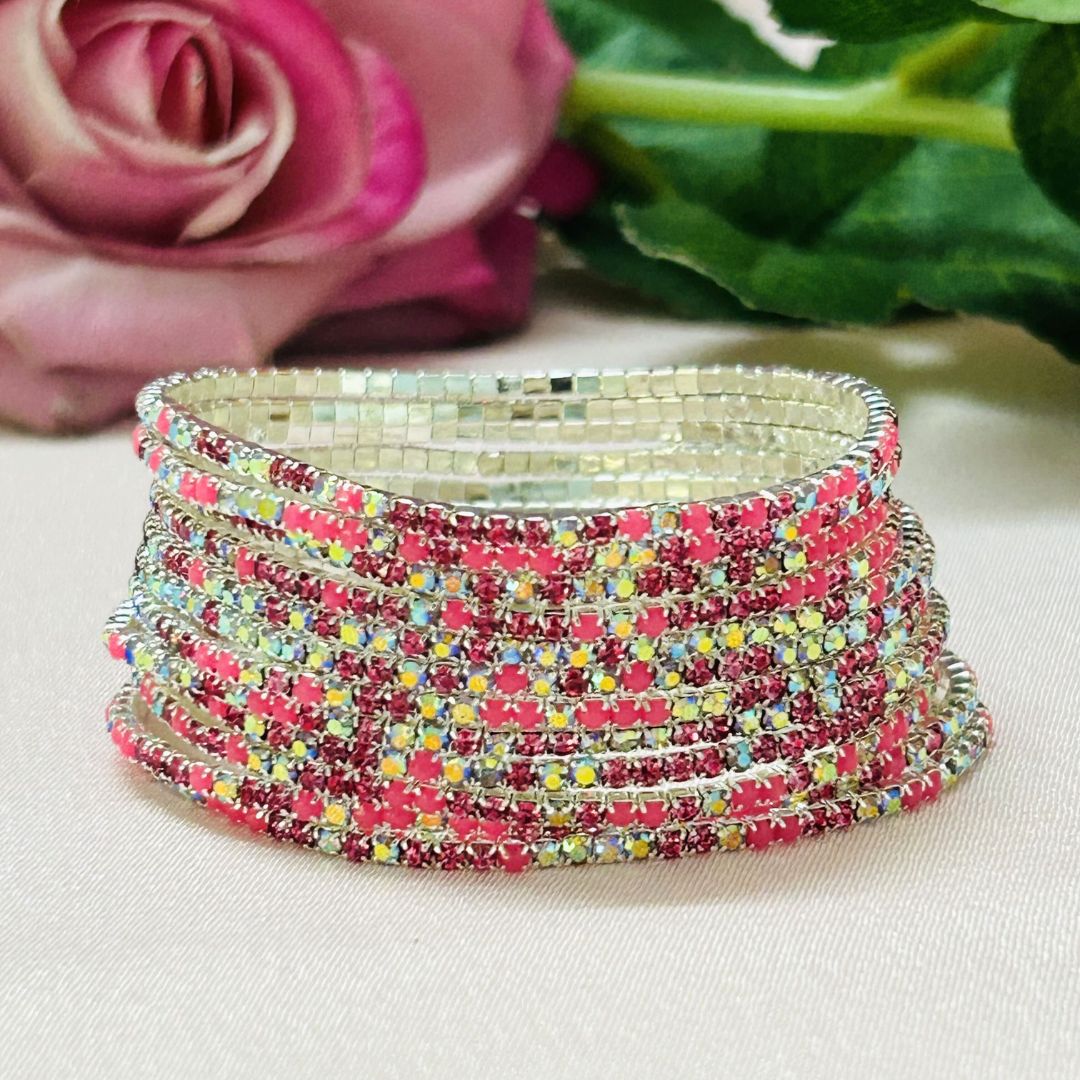 Stretchable Twinkle Pink Silver Plated Bracelet - Pack of 12