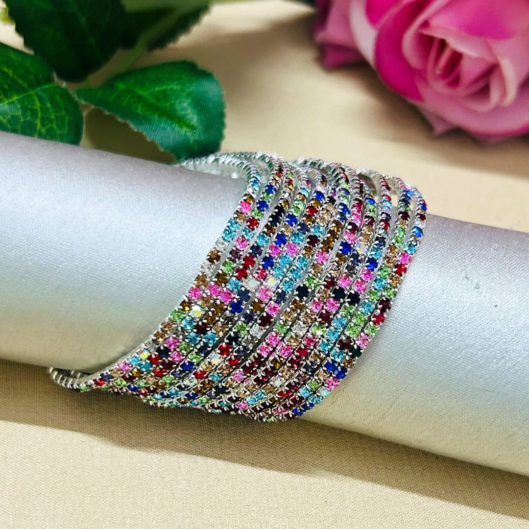 Stretchable Multicolor Silver - Plated Bracelet Pack Of 12