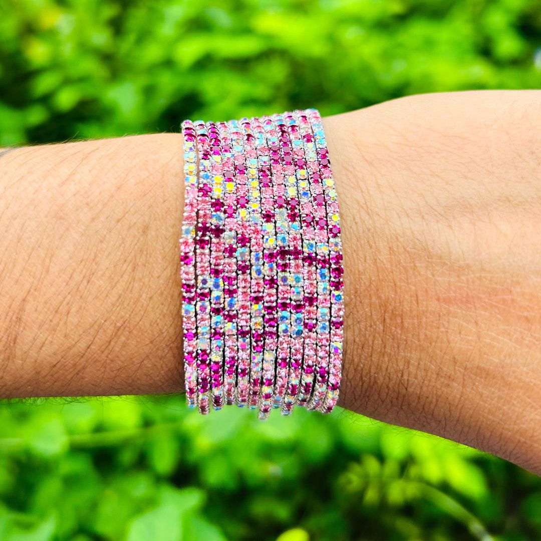 Stretchable Mystic Pink Silver Plated Bracelet - Pack of 12