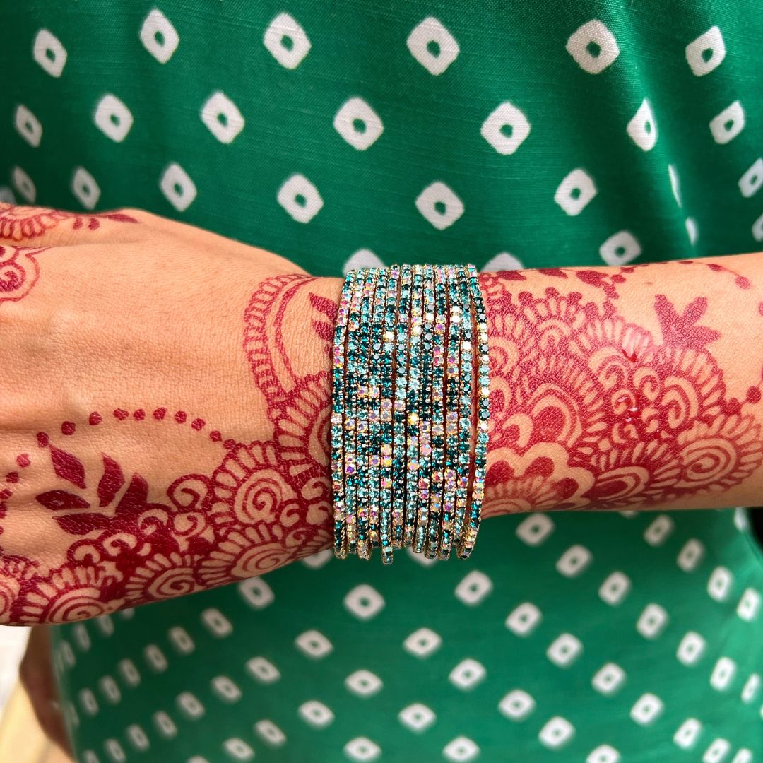 Stretchable Blue Turquoise Gold Plated Bracelet - Pack of 12