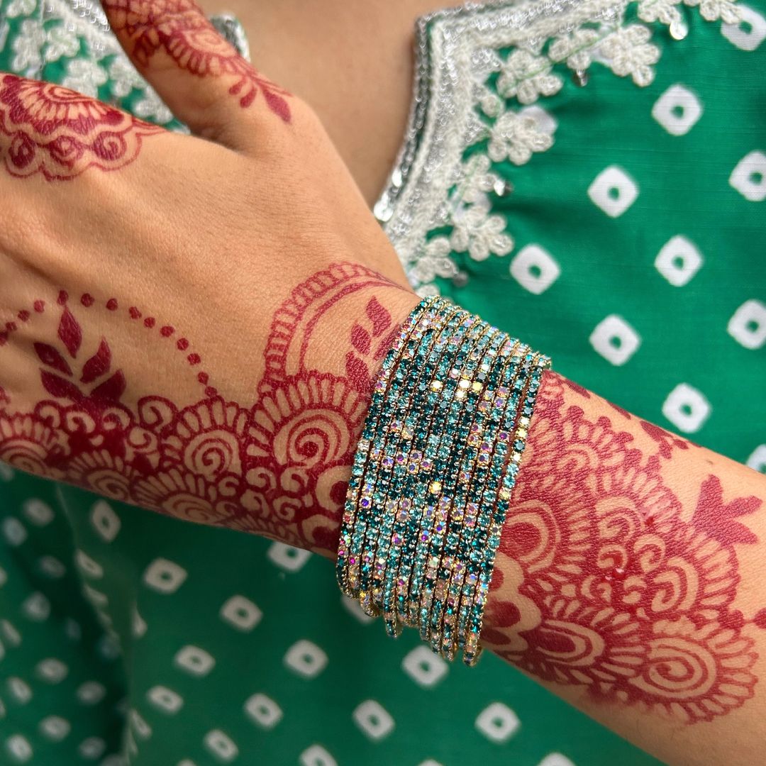 Stretchable Blue Turquoise Gold Plated Bracelet - Pack of 12