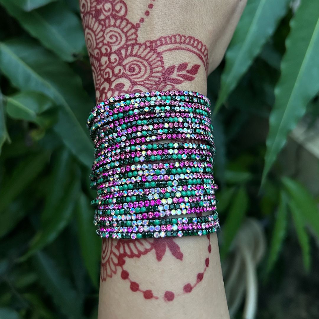 Reception Special Stretchable Pink And Green Rhodium Plated Bracelet - Pack of 24