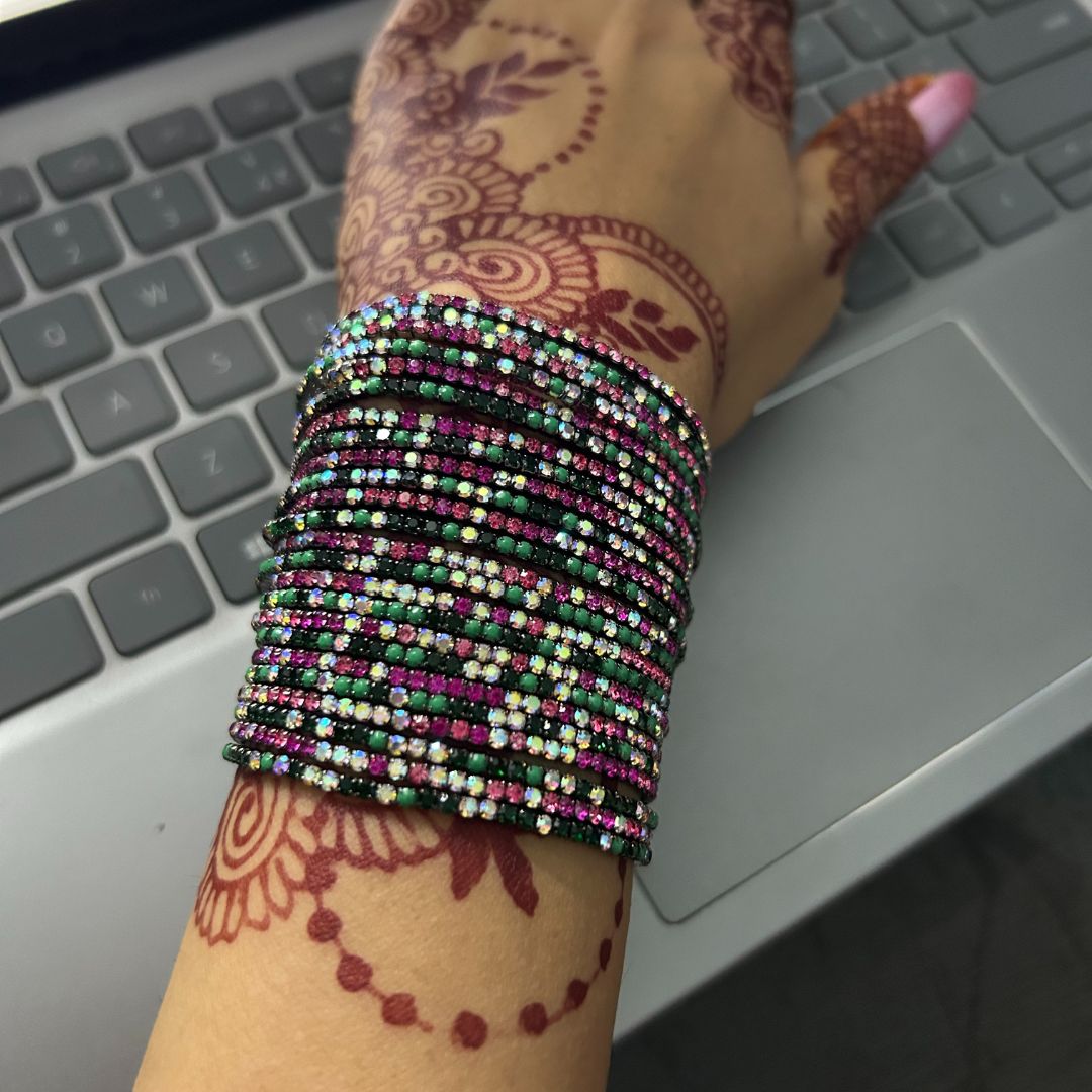 Reception Special Stretchable Pink And Green Rhodium Plated Bracelet - Pack of 24