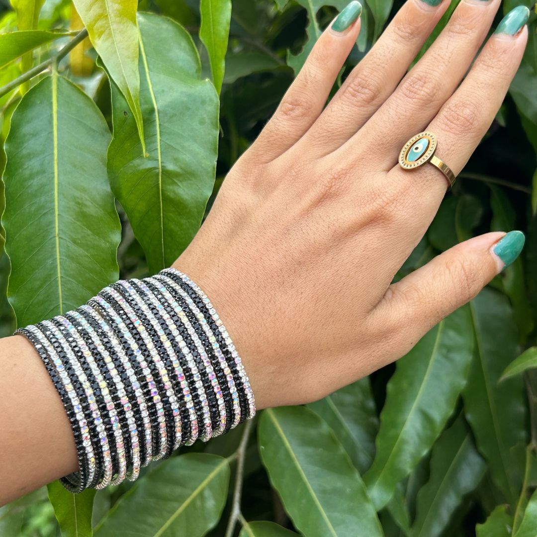 Concert Special -Stretchable Black and Rainbow Silver Plated Bracelet - Pack of 24