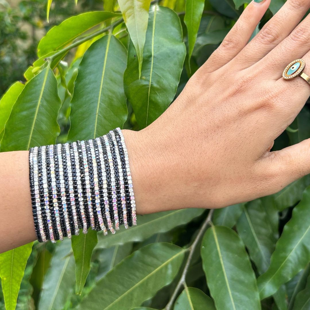 Concert Special -Stretchable Black and Rainbow Silver Plated Bracelet - Pack of 24