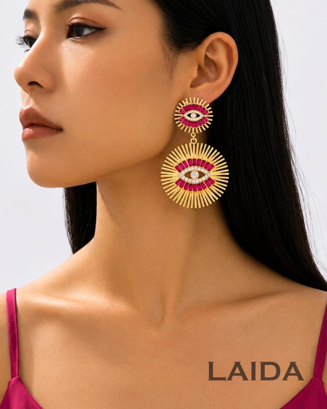 Vintage Fuschia Pink Rhinestone Evil Eye Earring