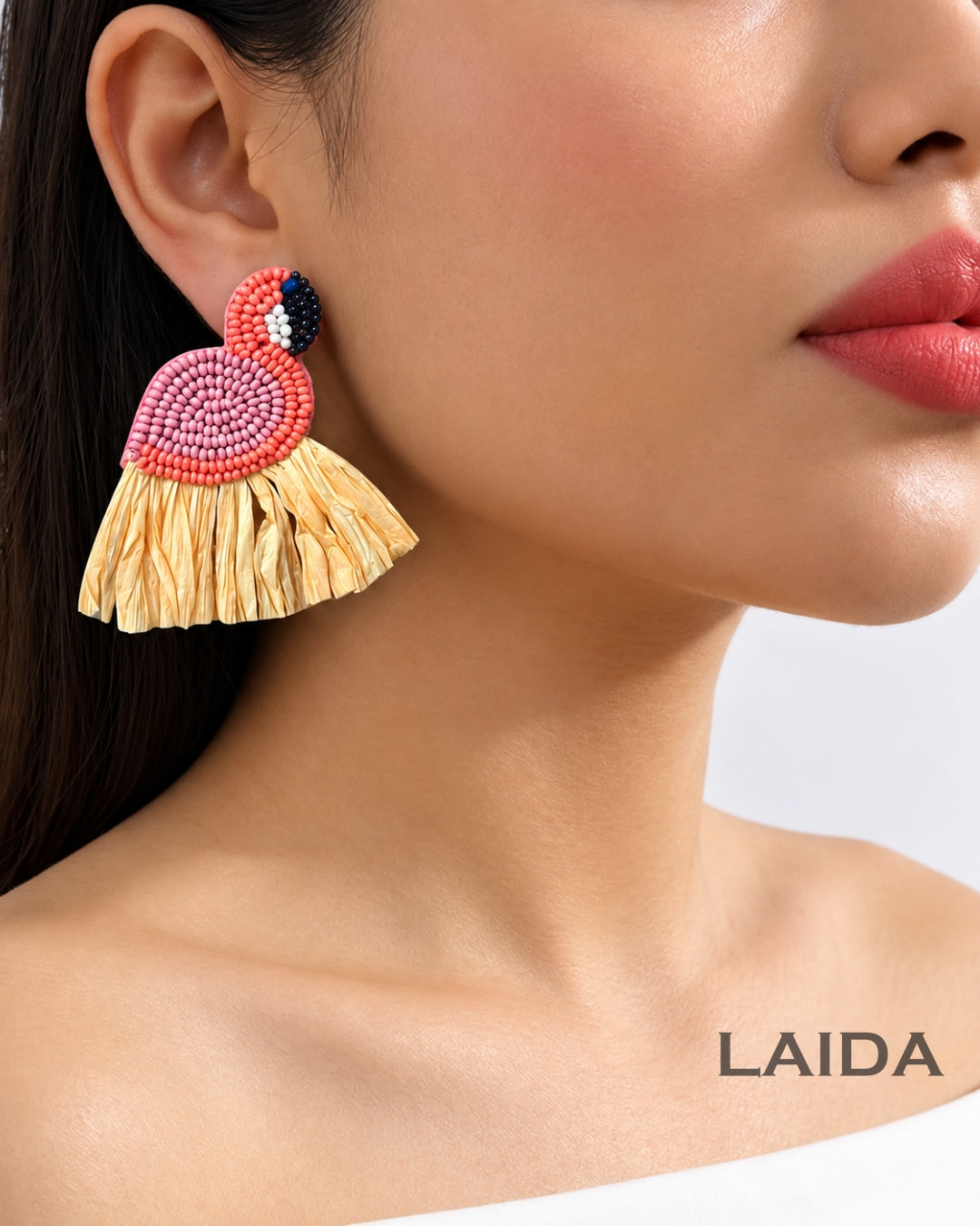 Peach Handmade Beaded Swan Drop Earrings