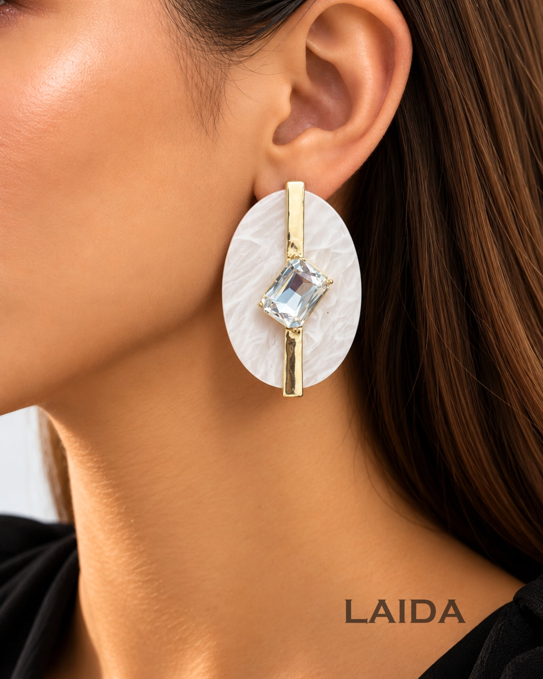 White Resin Square Rhinestone Studded Drop Earrings