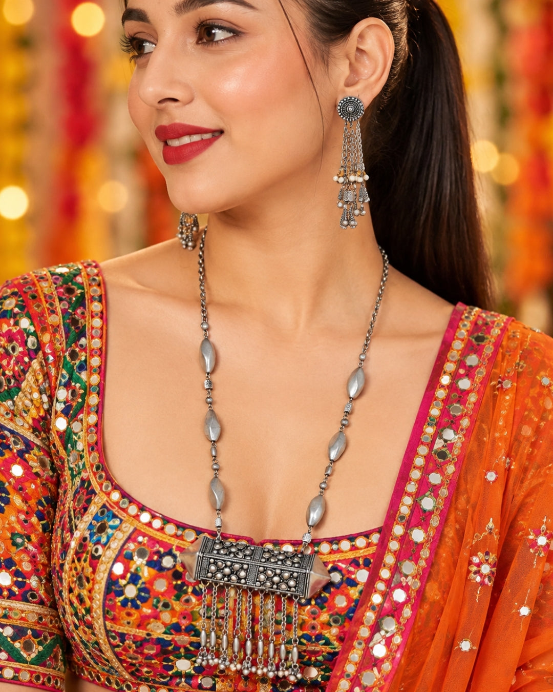 Laida Women Silver-Plated Oxidised Artificial Stones & Beads-Studded Jewellery Set