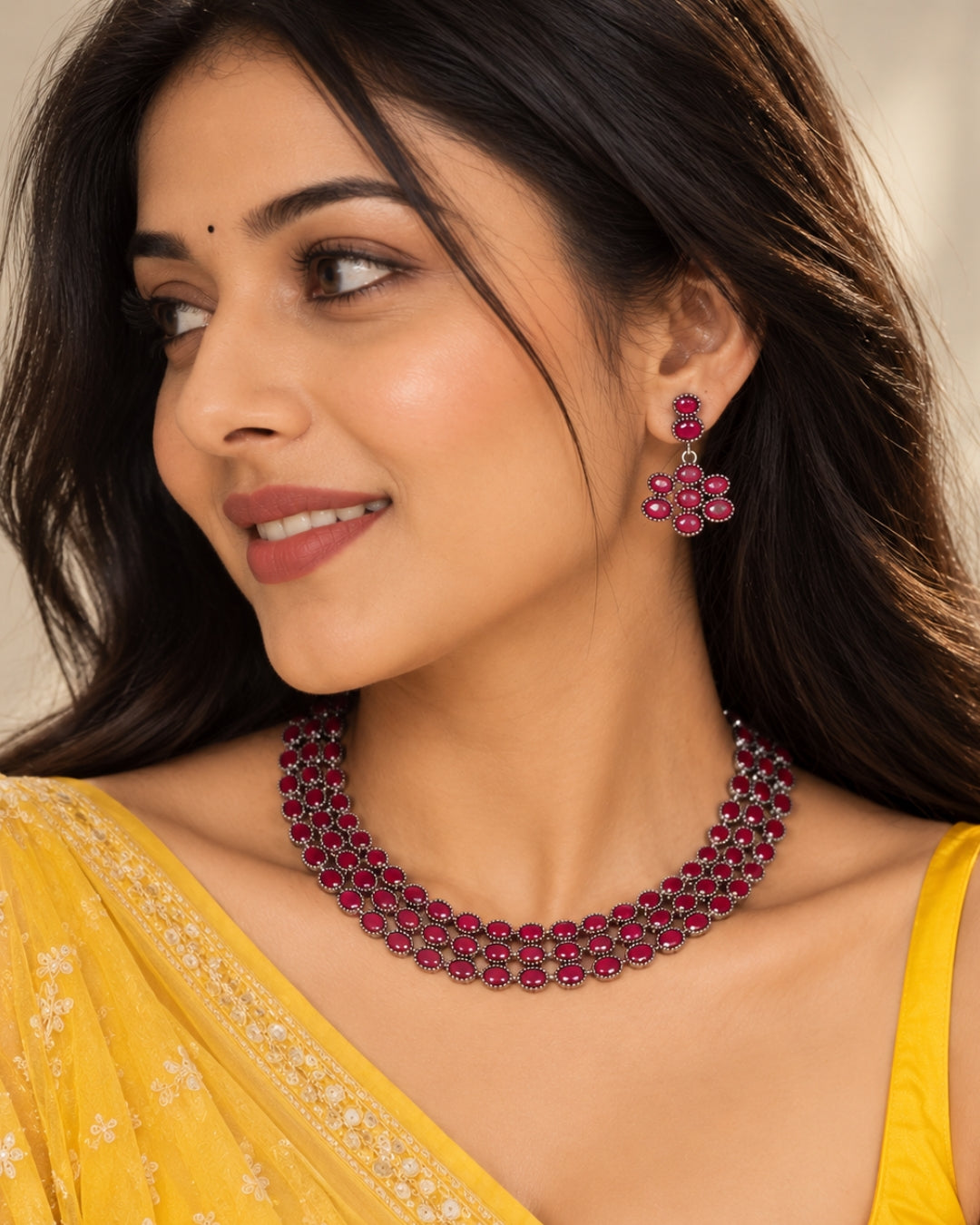 Laida Pink Silver-Plated Oxidized Handcrafted Layered Jewellery Set