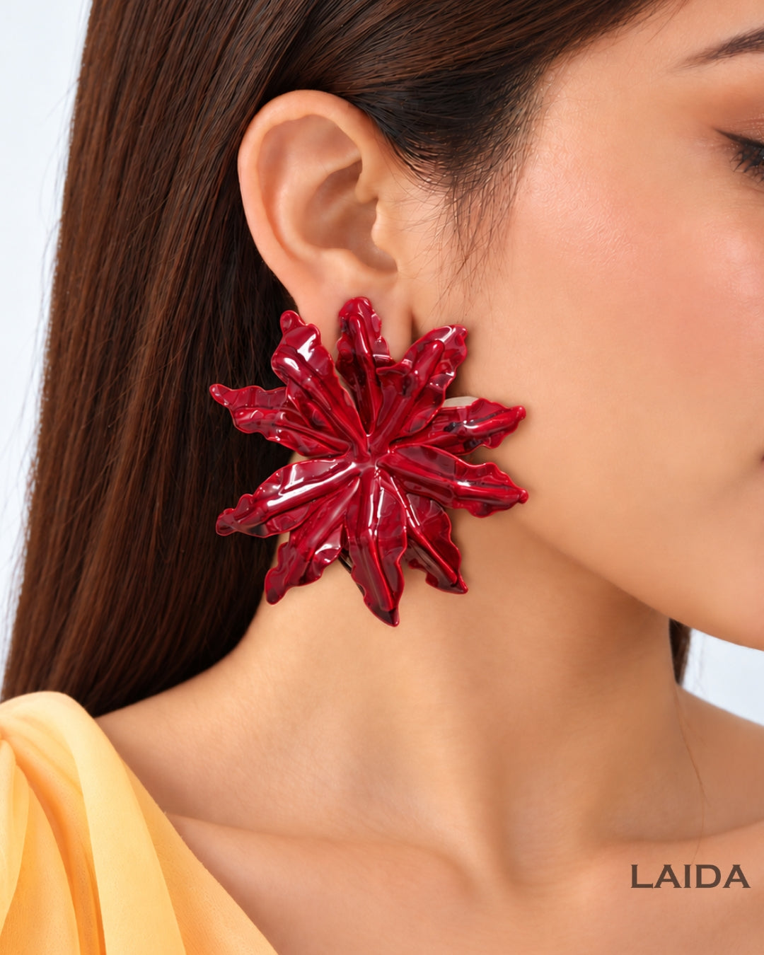 Maroon Glossy Flower Stud Earrings