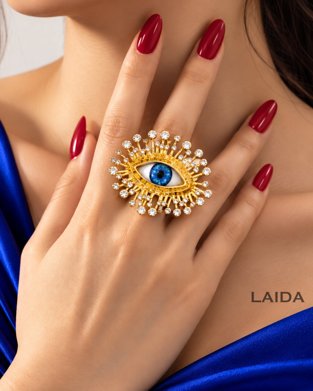 Golden Blue Evil Eye Crystal Finger Ring