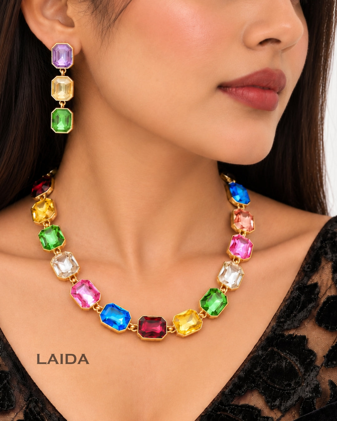Multicolor Square Crystal Statement Necklace With Earrings