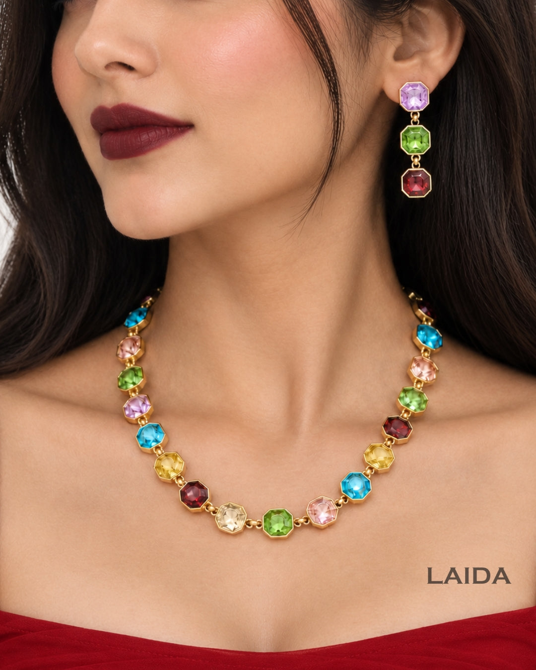 Multicolor Round Crystal Statement Necklace With Earrings