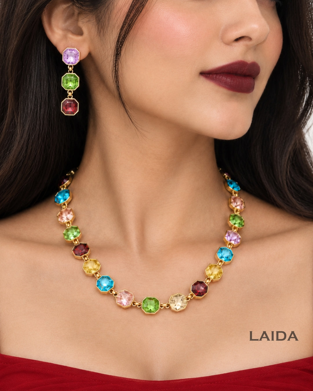 Multicolor Round Crystal Statement Necklace With Earrings