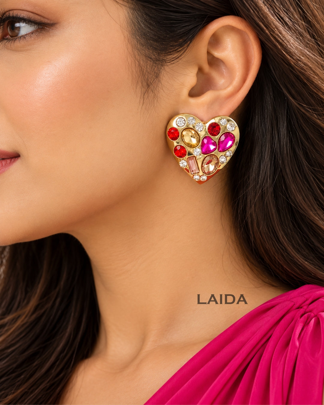 Crystal Ruby Heart Stud Earrings