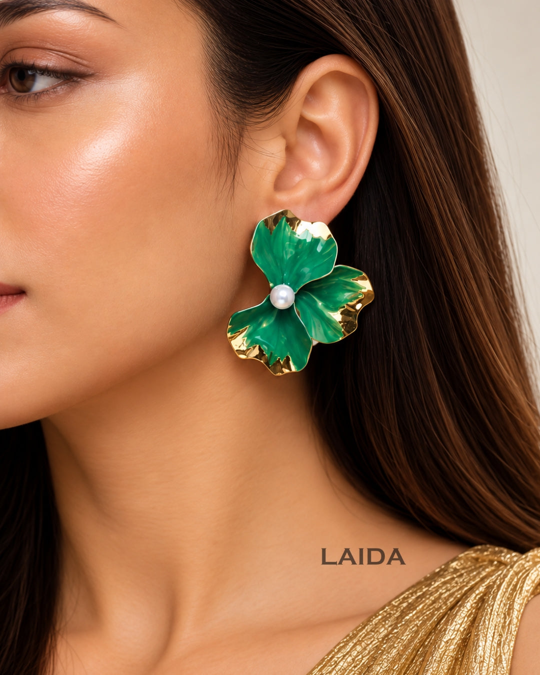 Green Flora Pearl Stud Earrings