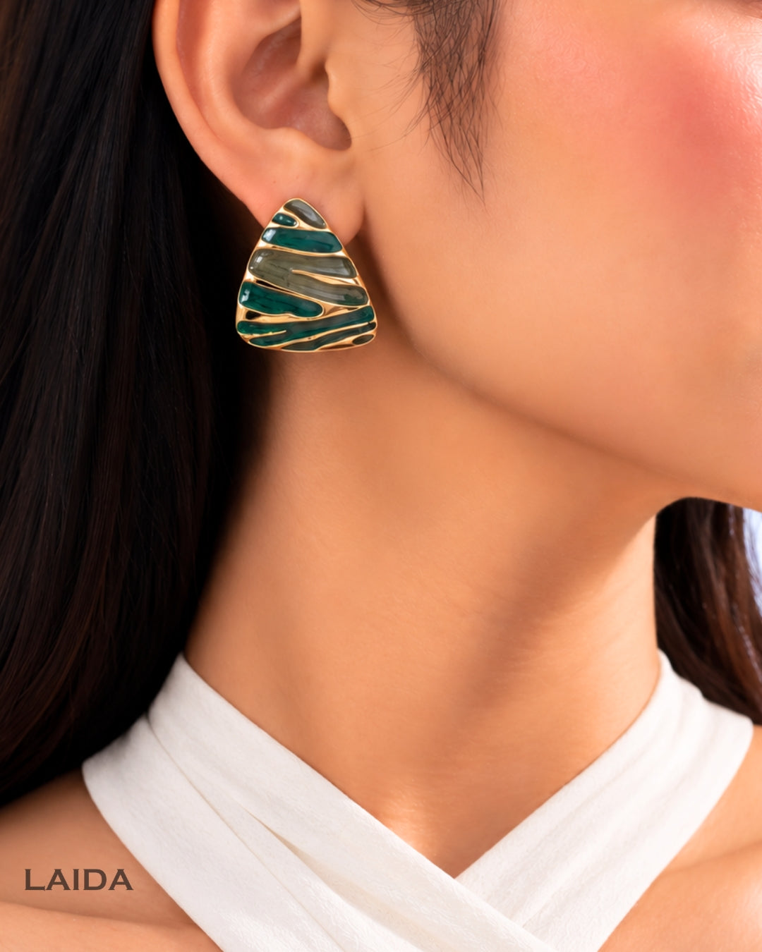 Green Wave Triangle Stud Earrings