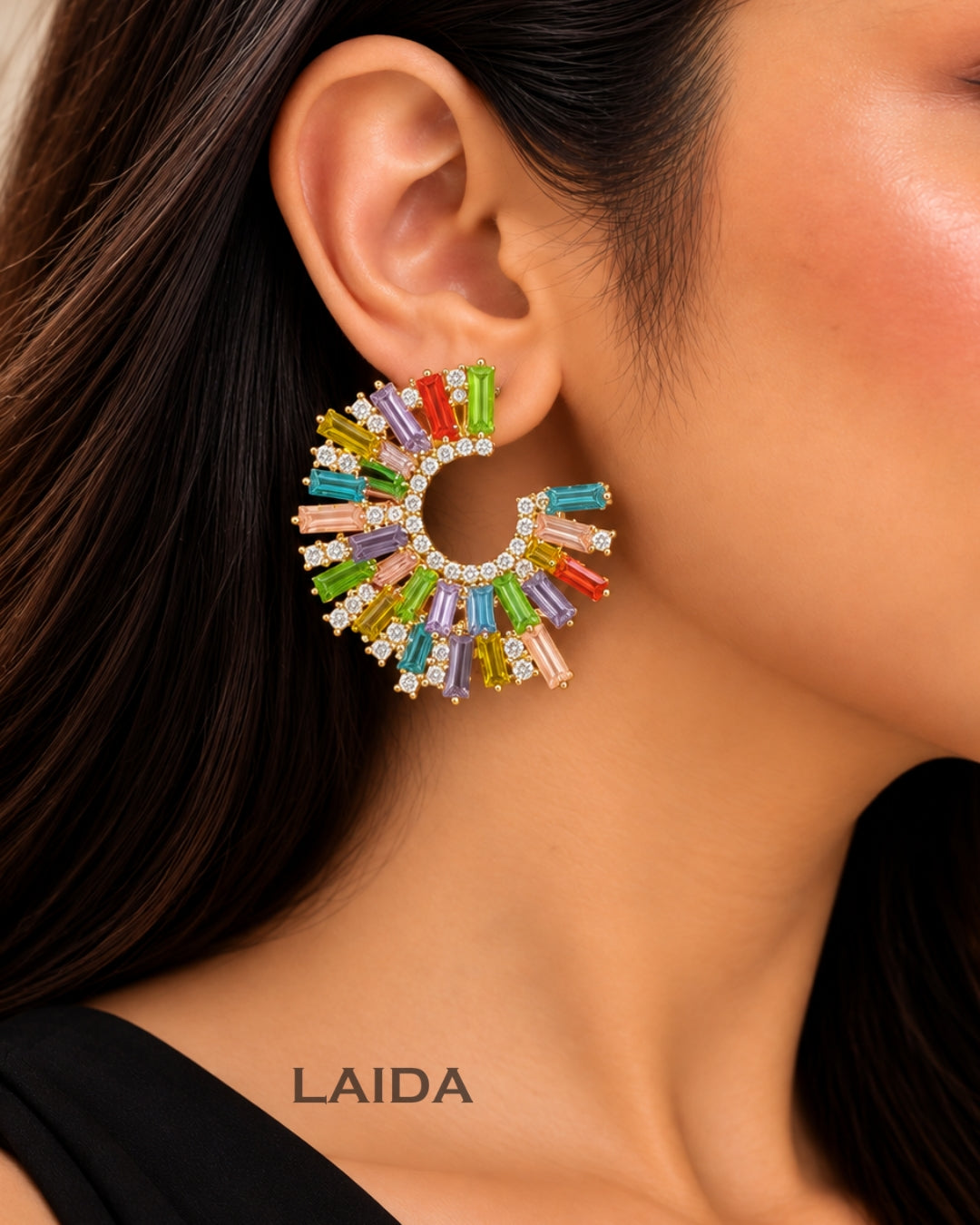 Rhinestone Half Moon Multicolor Earrings