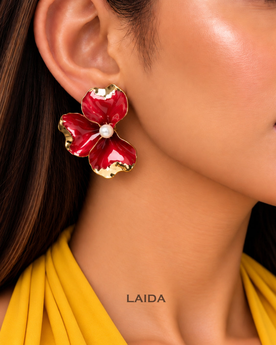 Red Flora Pearl Stud Earrings