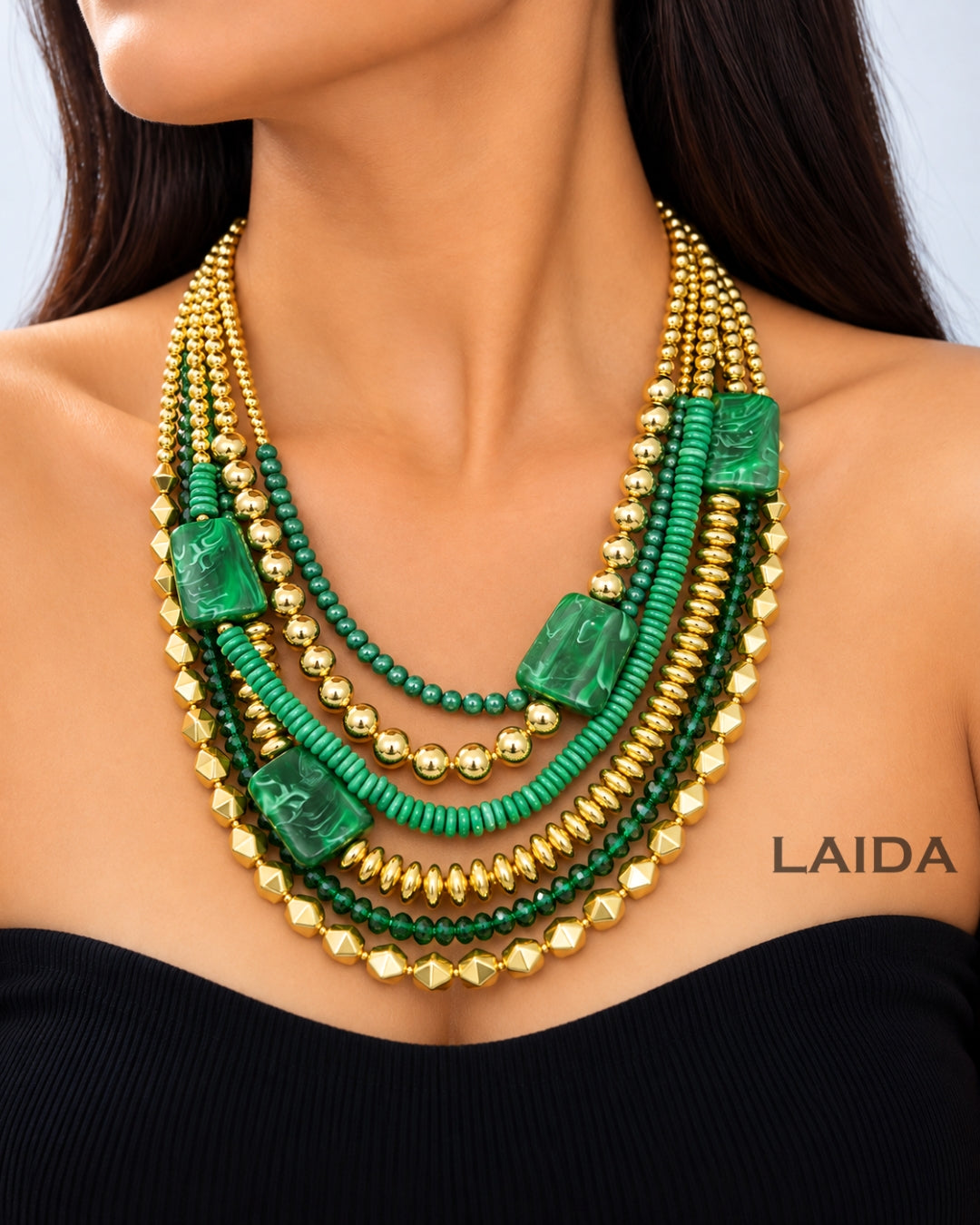 Green Multi Layered Gemstone Beaded Necklace
