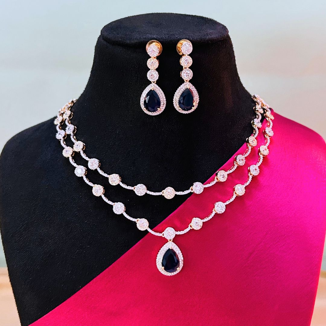 Dorothy Two-layered Navy Blue American Diamond Necklace set