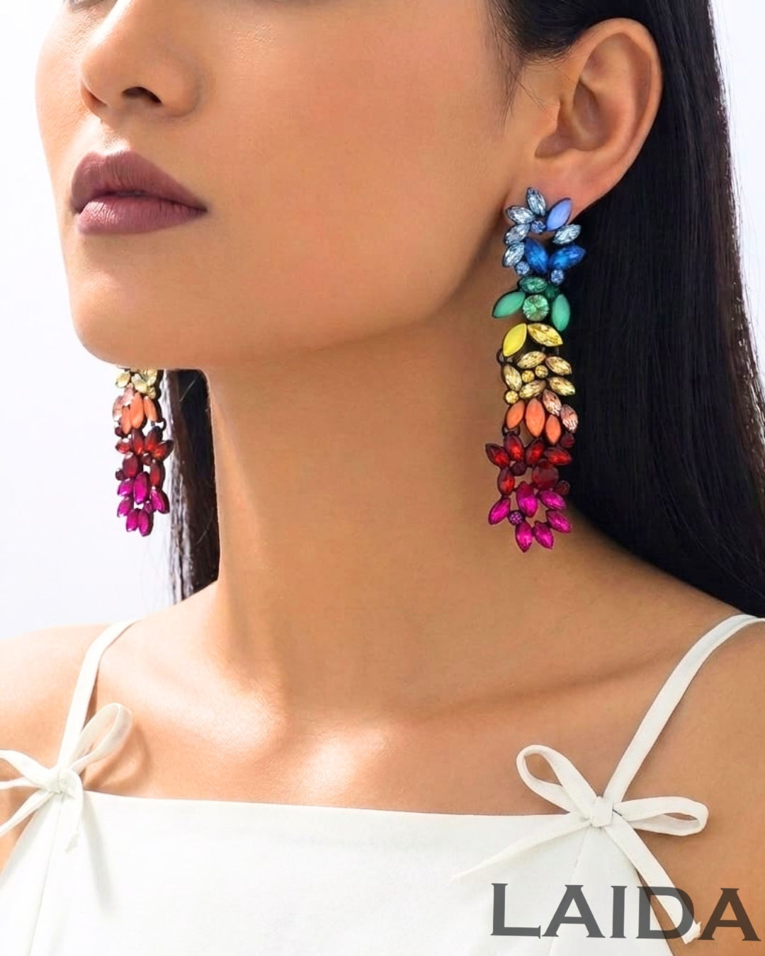 Multi Rhinestone Acrylic Rhodium- Plated Drop Earrings