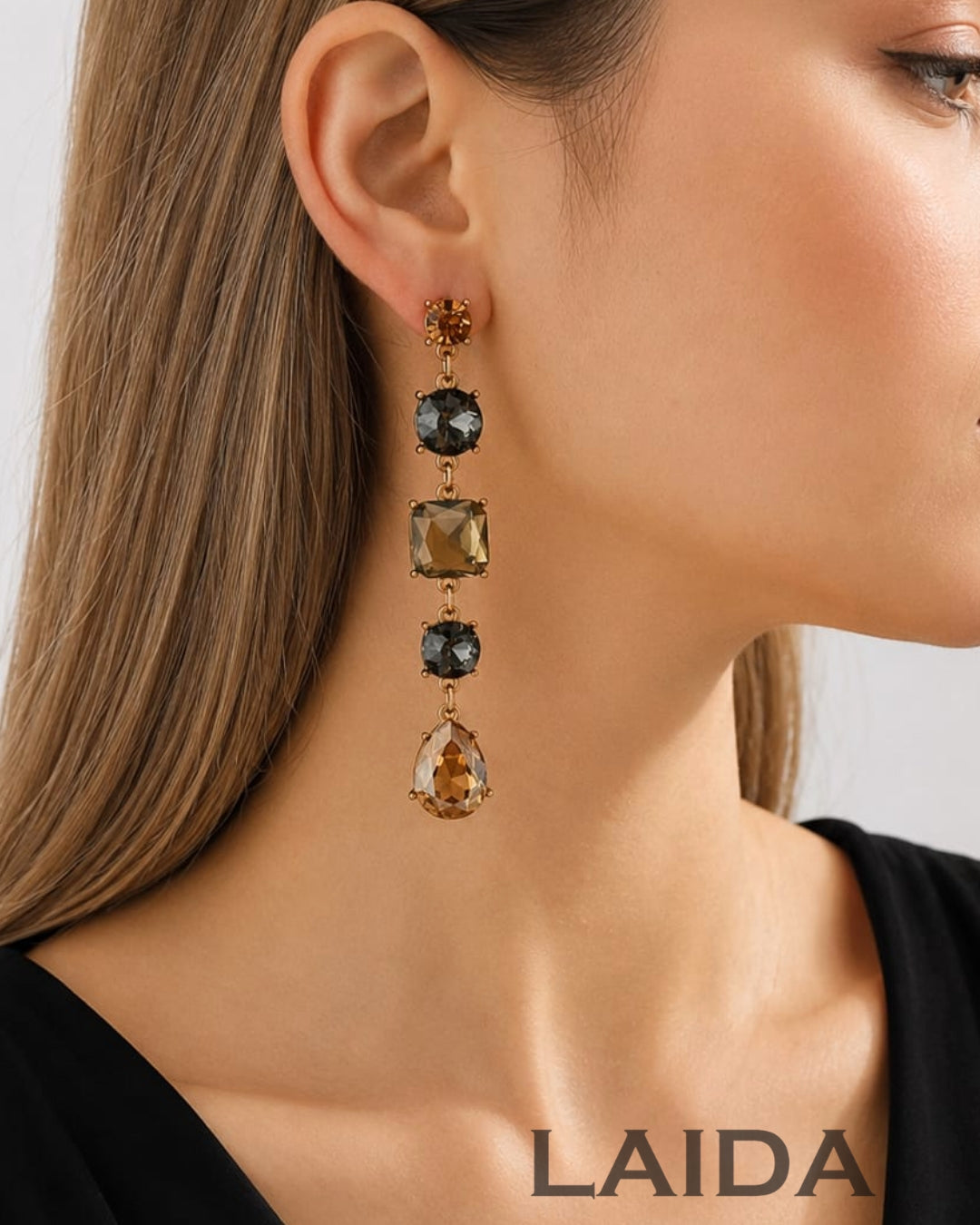 Golden And Black Rhinestone Crystal Drop Earrings
