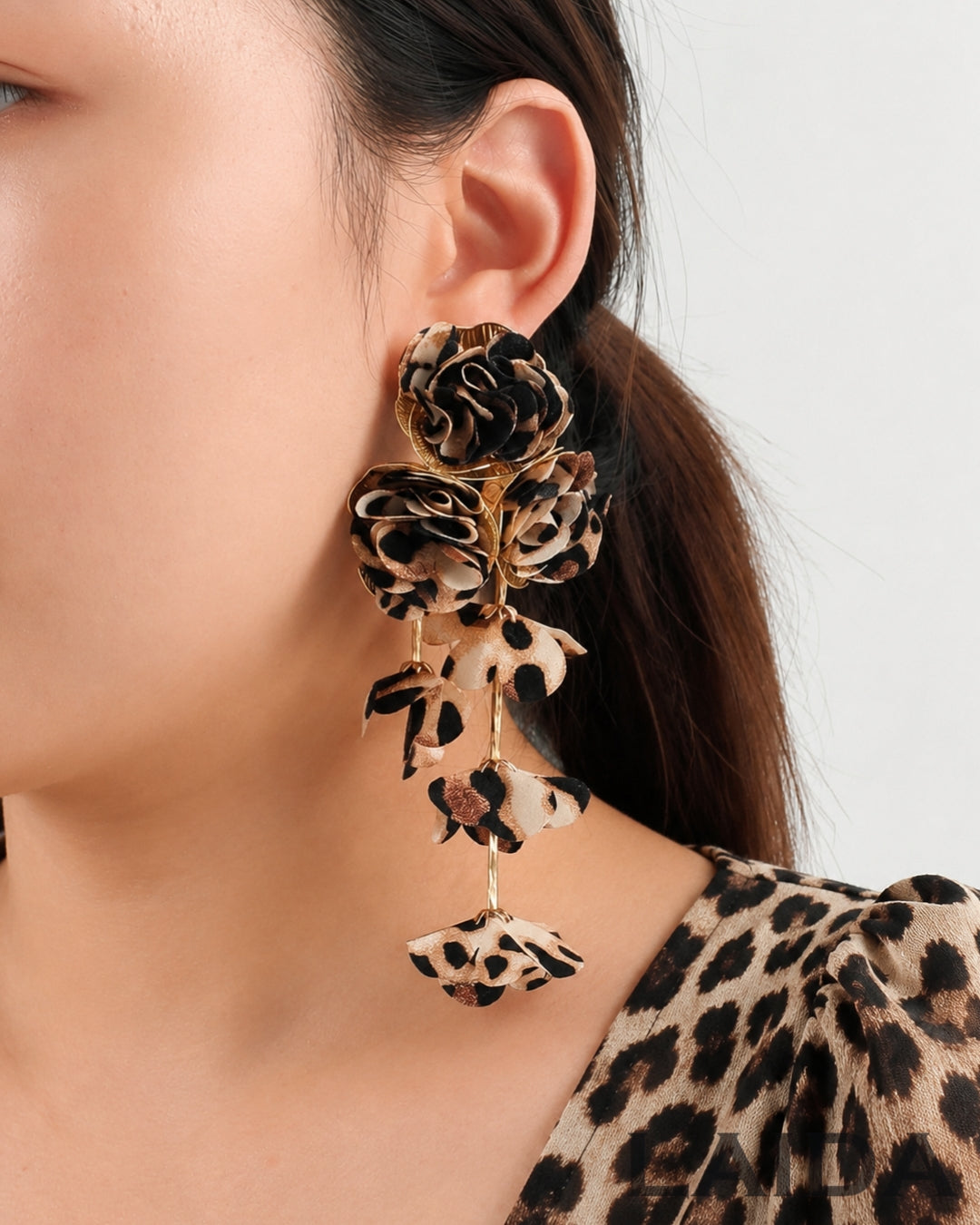 Animal Print Flower Petal Tassel Drop Earrings
