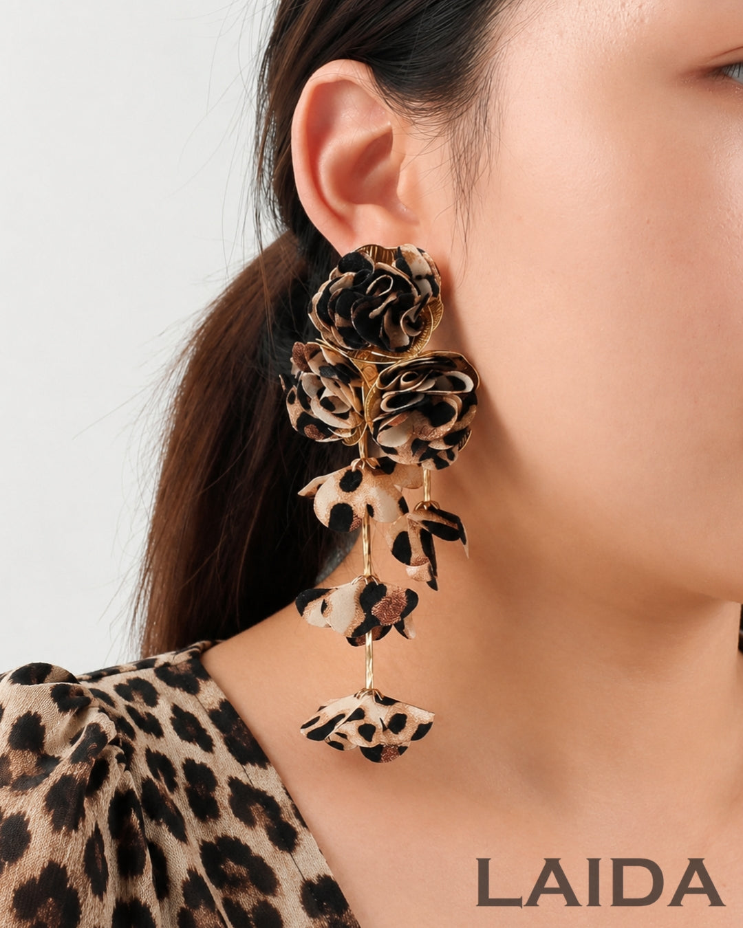 Animal Print Flower Petal Tassel Drop Earrings