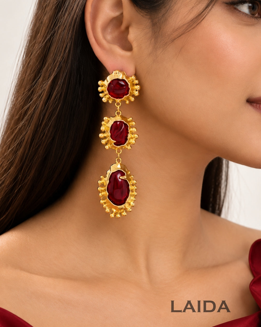 Retro Red Layered Crystal Drop Earrings
