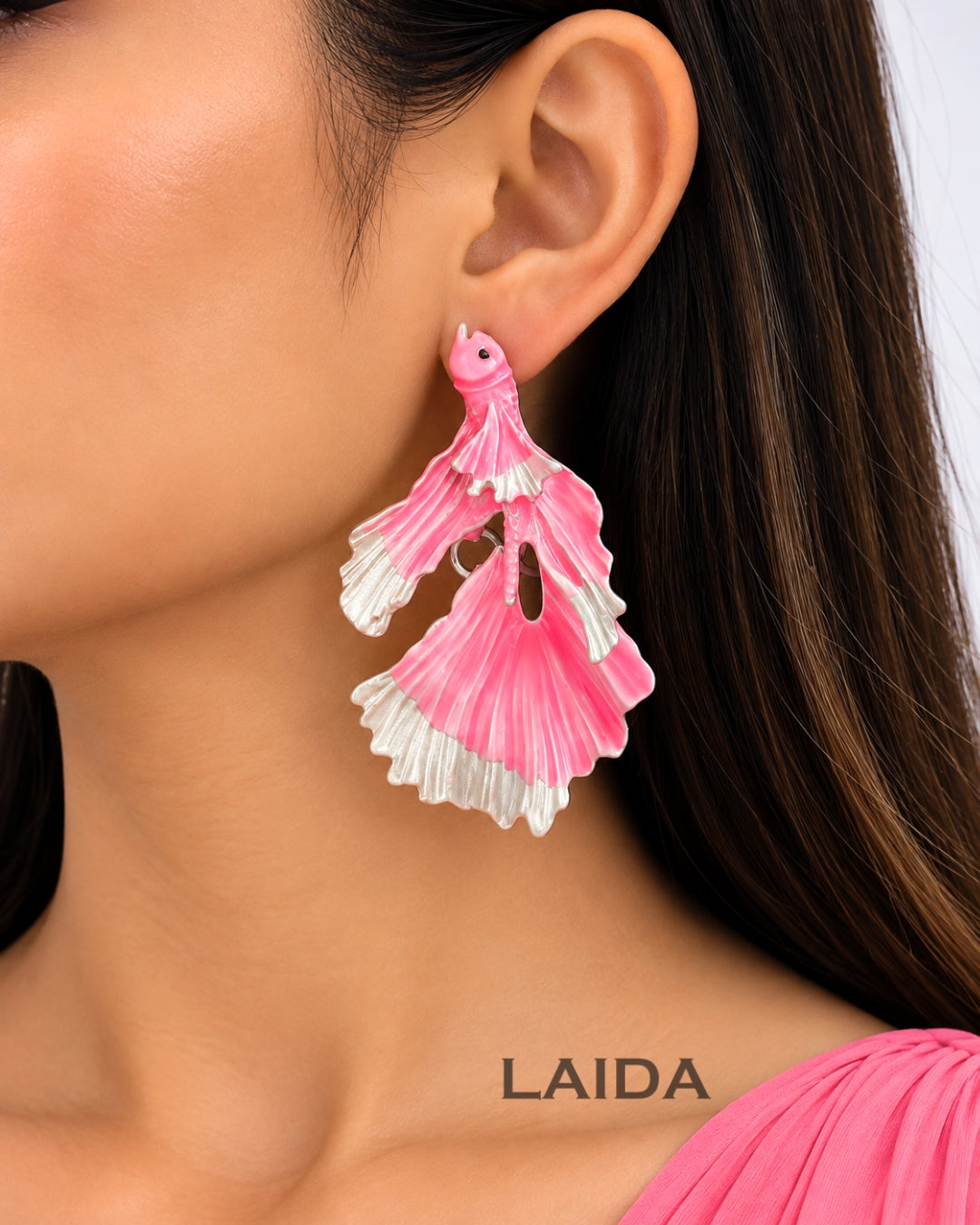 Pink Enamel Goldfish Drop Earrings
