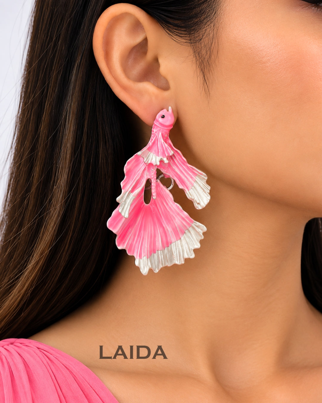 Pink Enamel Goldfish Drop Earrings