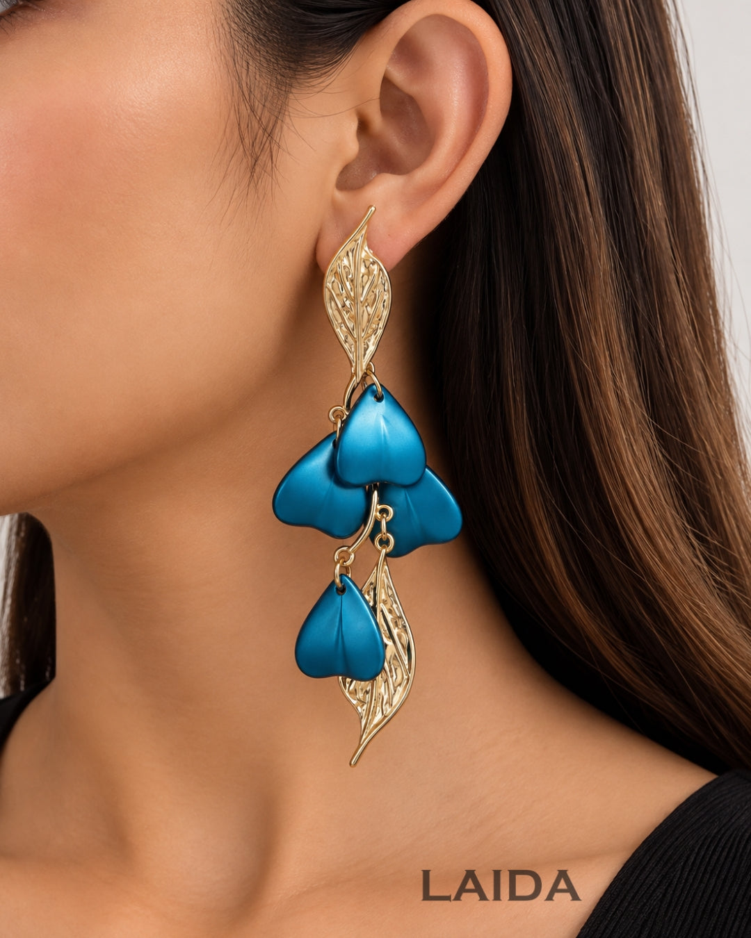 Blue Golden Leaf Drop Earrings