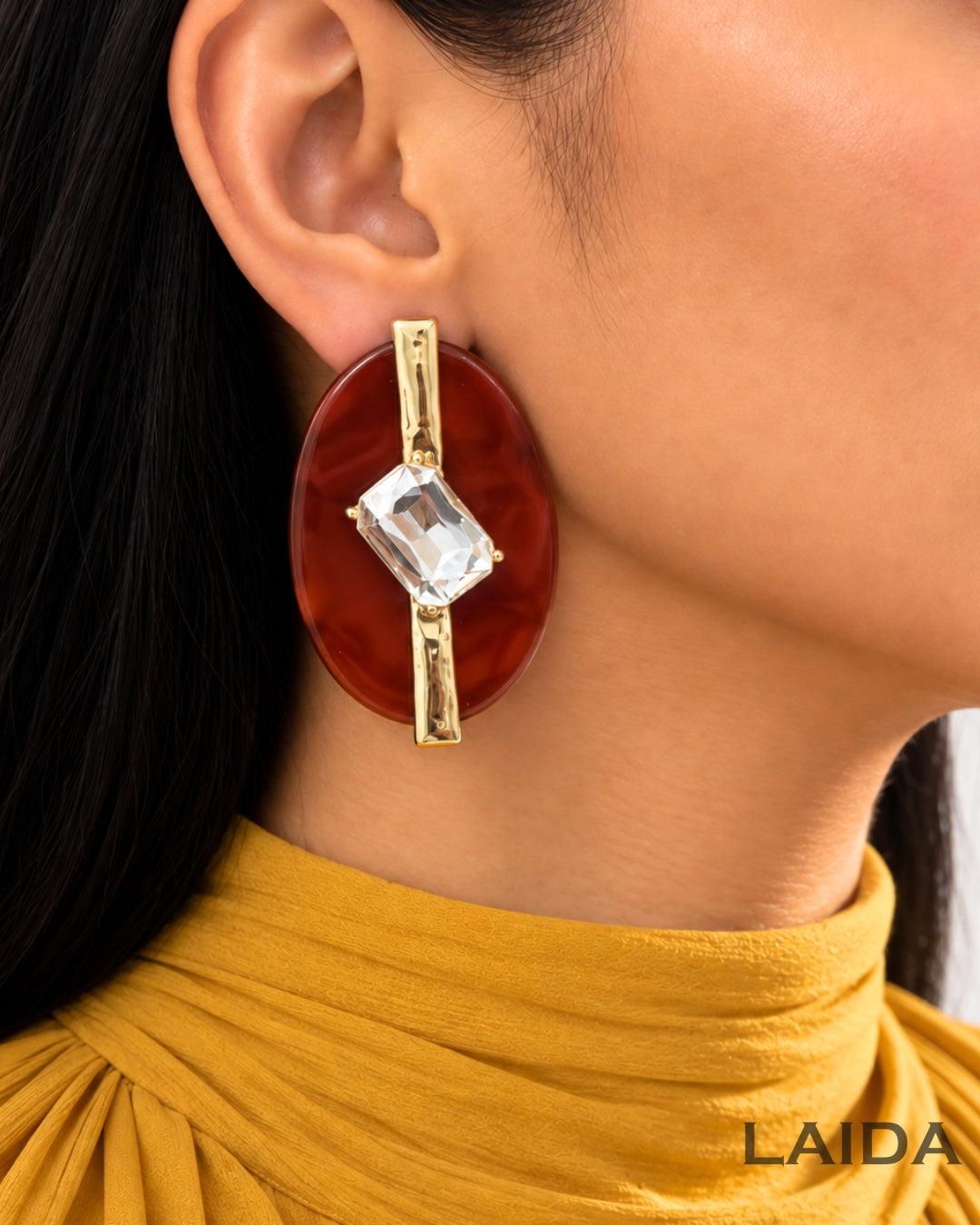 Brown Resin Square Rhinestone Studded Drop Earrings