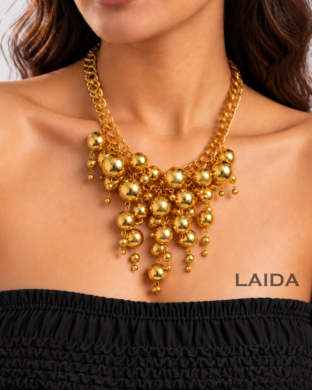Golden Ball Bead Curb Chain Statement Necklace