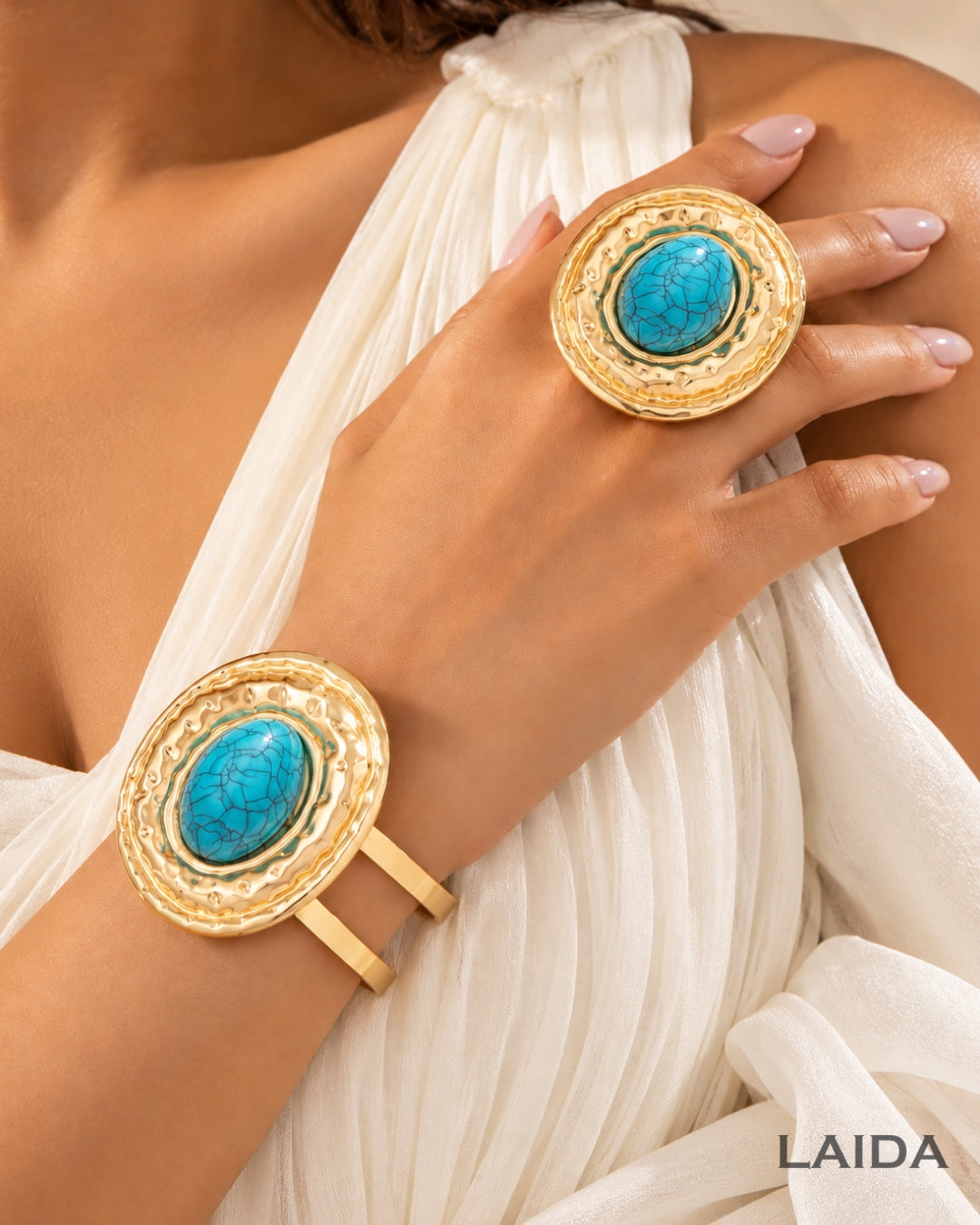 Retro Turquoise Pearl Handcuff With Finger Ring