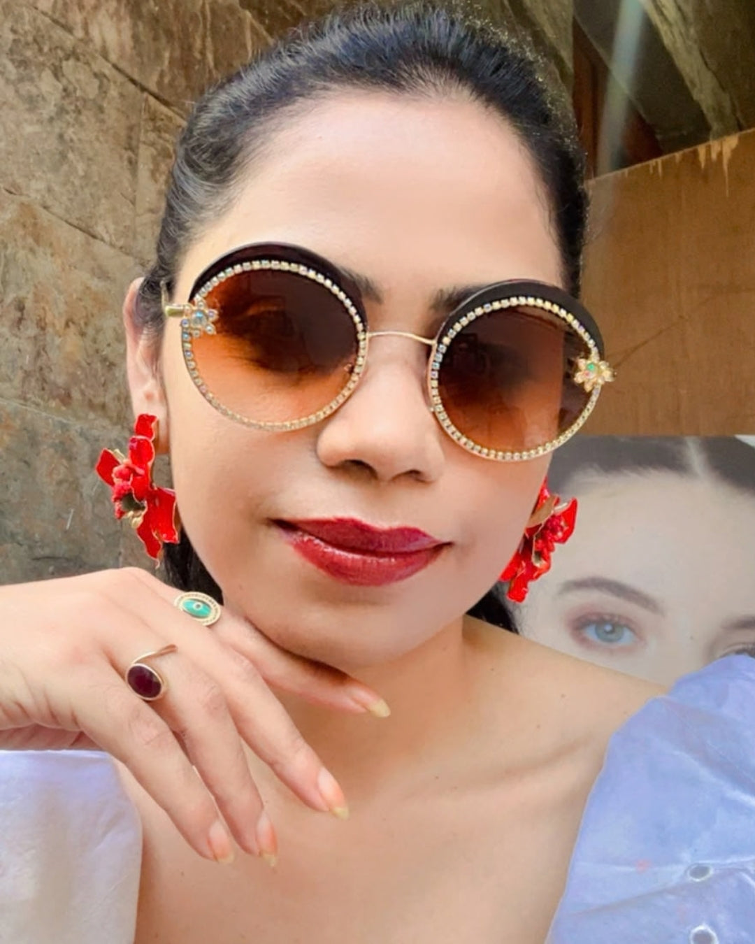 Brown Round Rhinestone Studded Sunglasses