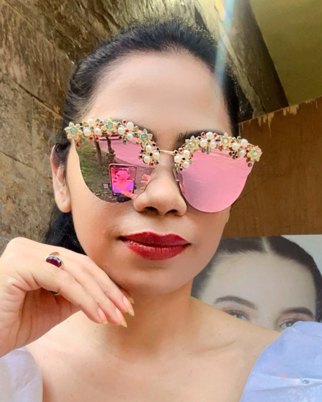 Rainbow Pearl Rhinestone Flower Studded Sunglasses