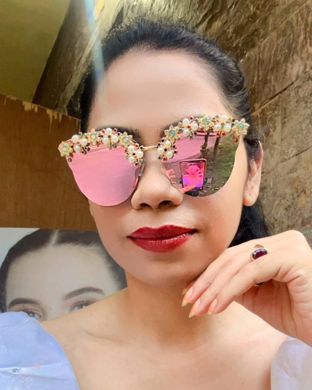 Rainbow Pearl Rhinestone Flower Studded Sunglasses
