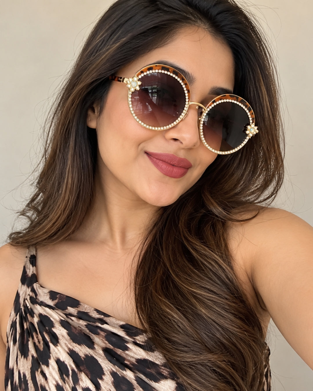 Animal Print Round Rhinestone Studded Sunglasses