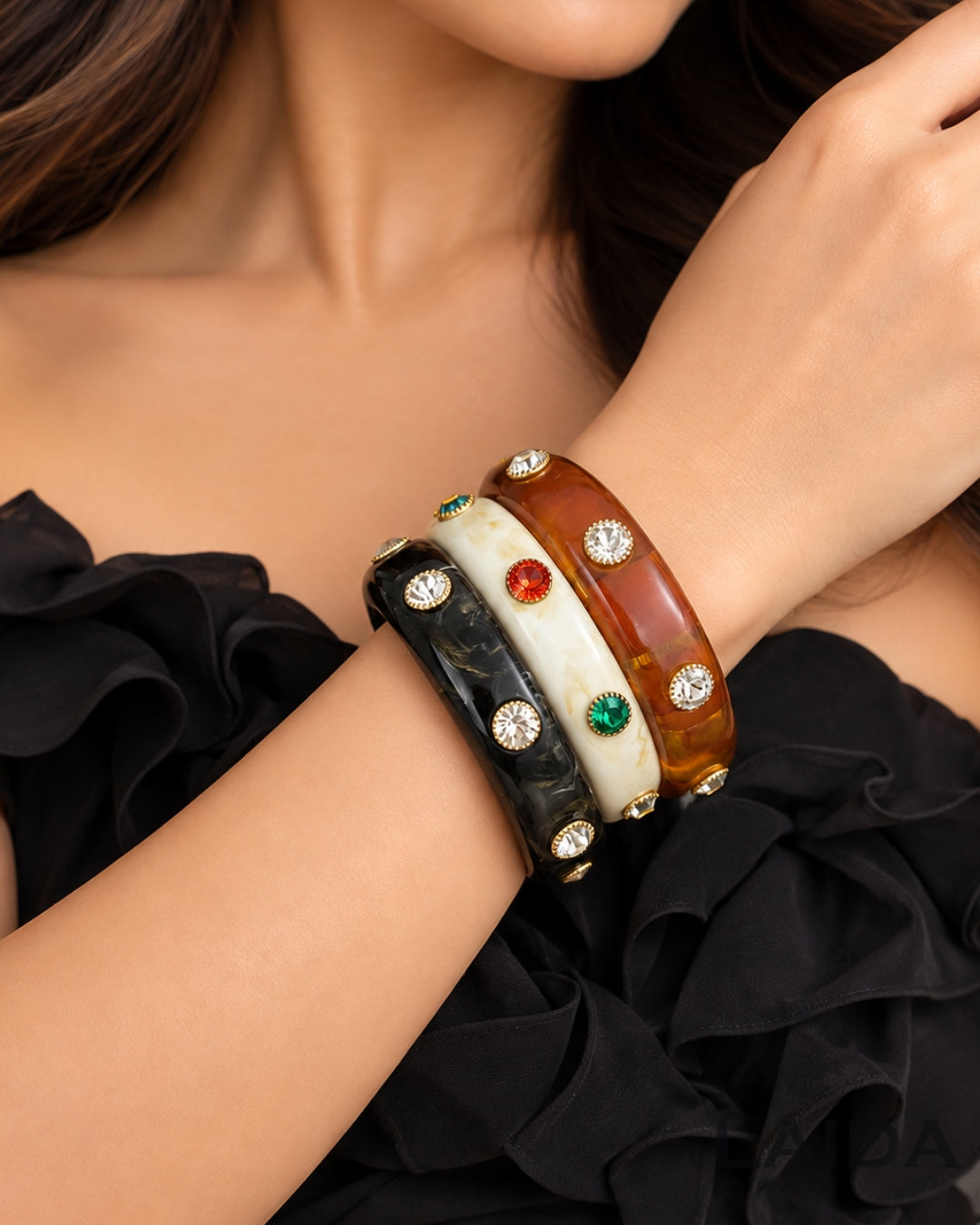 Resin Rhinestone - studded Acrylic Bangle Bracelet