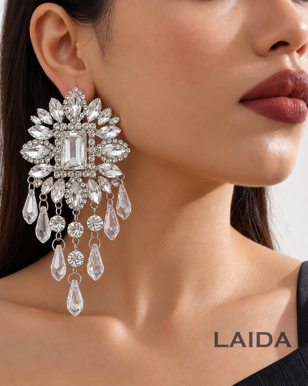 Flower Silver Glass Bead Tassel Drop Earrings