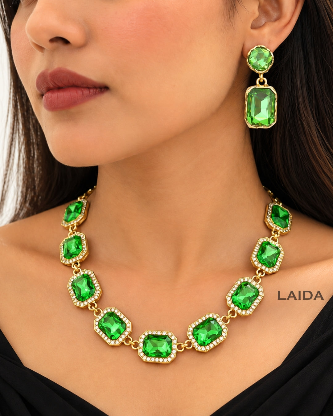 Mint Green Rhinestone Statement Necklace With Earrings