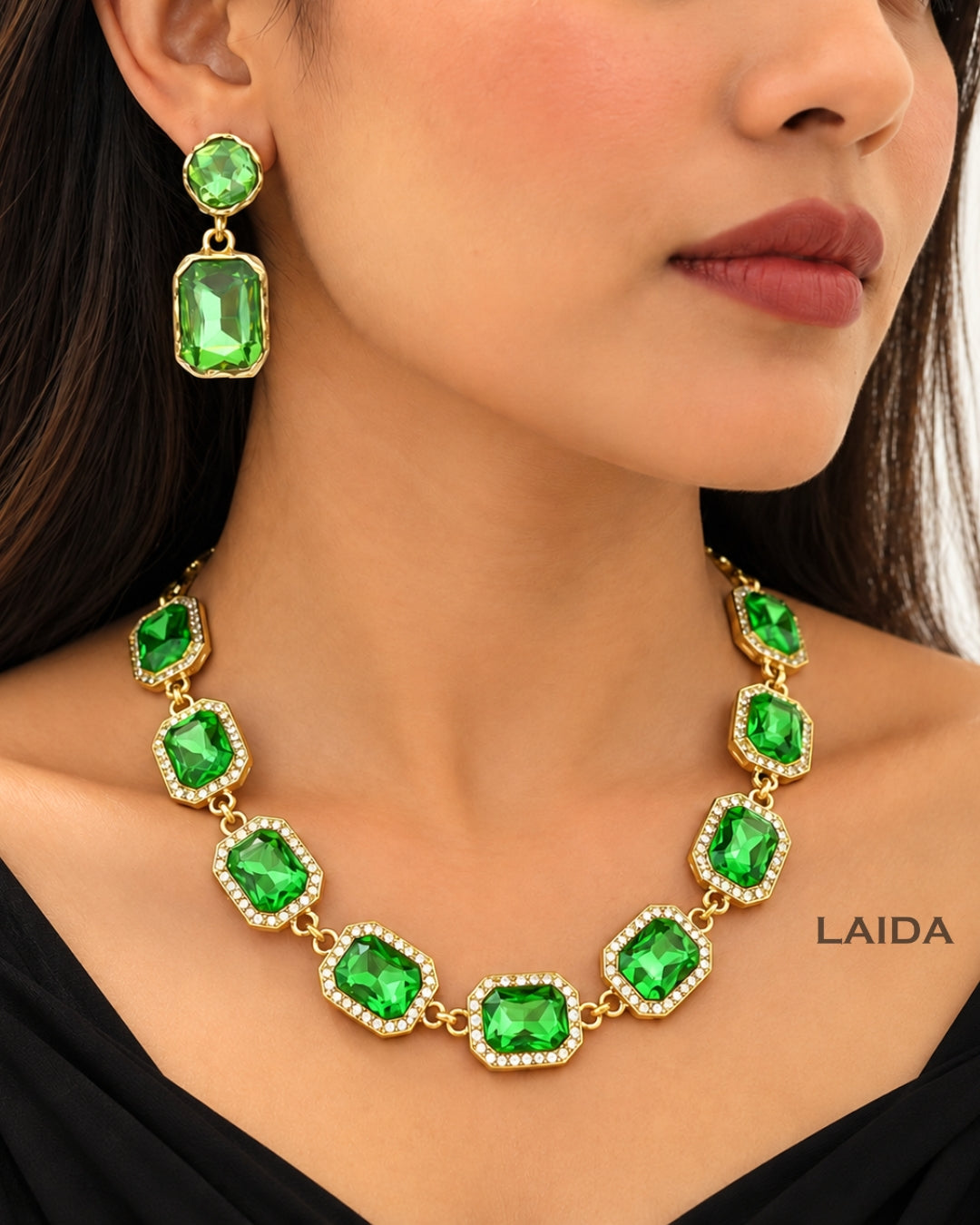 Mint Green Rhinestone Statement Necklace With Earrings
